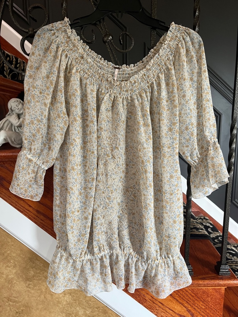 Free People Cream Floral Smocked Off-Shoulder Tunic with Yellow and Blue Motif